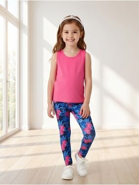 Kids Floral Print Leggings in Blue and Pink - Brand Unbranded